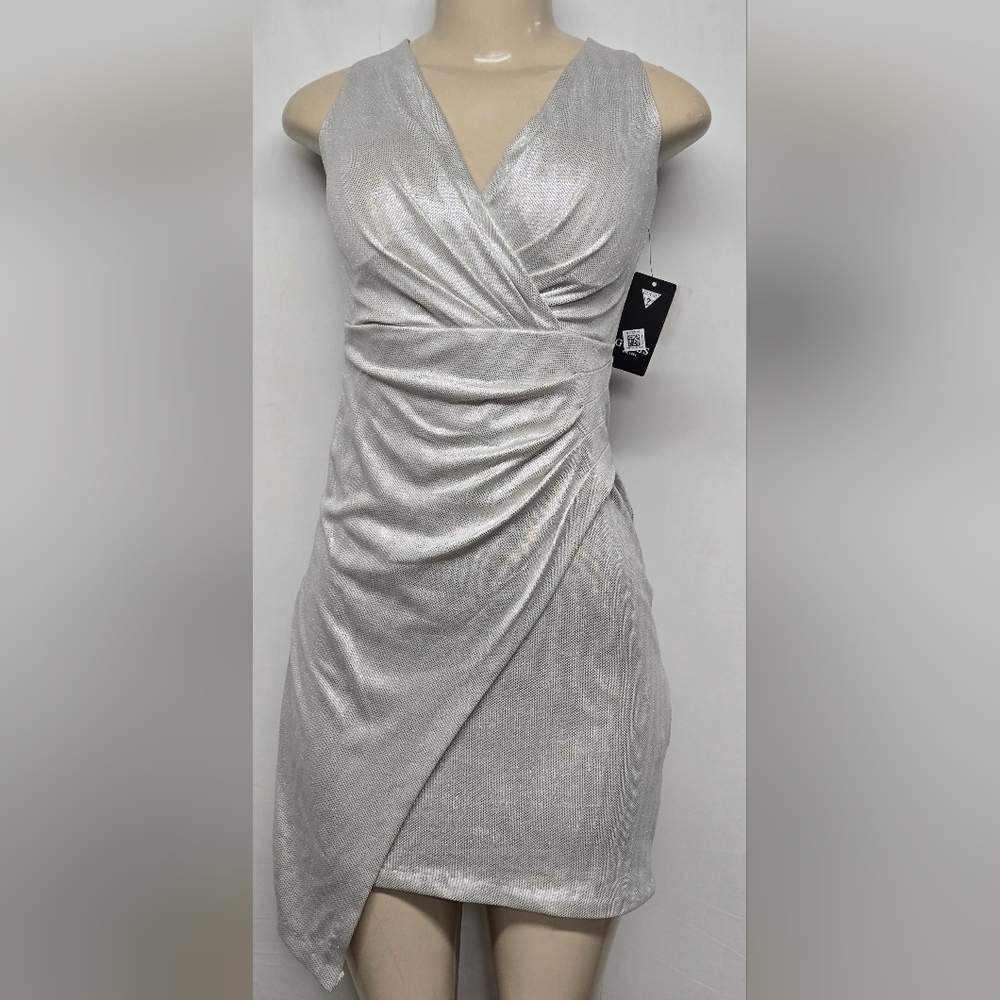 Guess Sleeveless Shimmering Dress 4 Criss Cross Faux Wrap Padded Bra Silver New